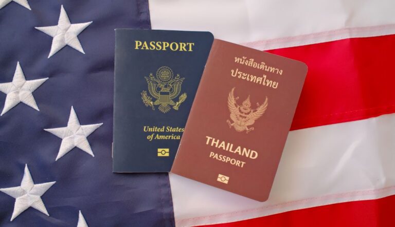 United States and Thailand passports on American flag background