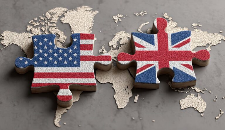 USA and UK flag puzzle pieces connect on world map